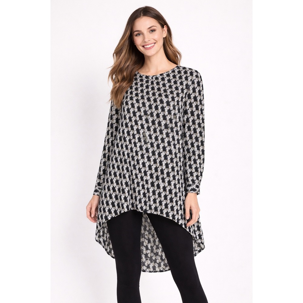 New Sejour Motorcycle Print High-Low Tunic 18W Top Black White Olive Long Sleeve